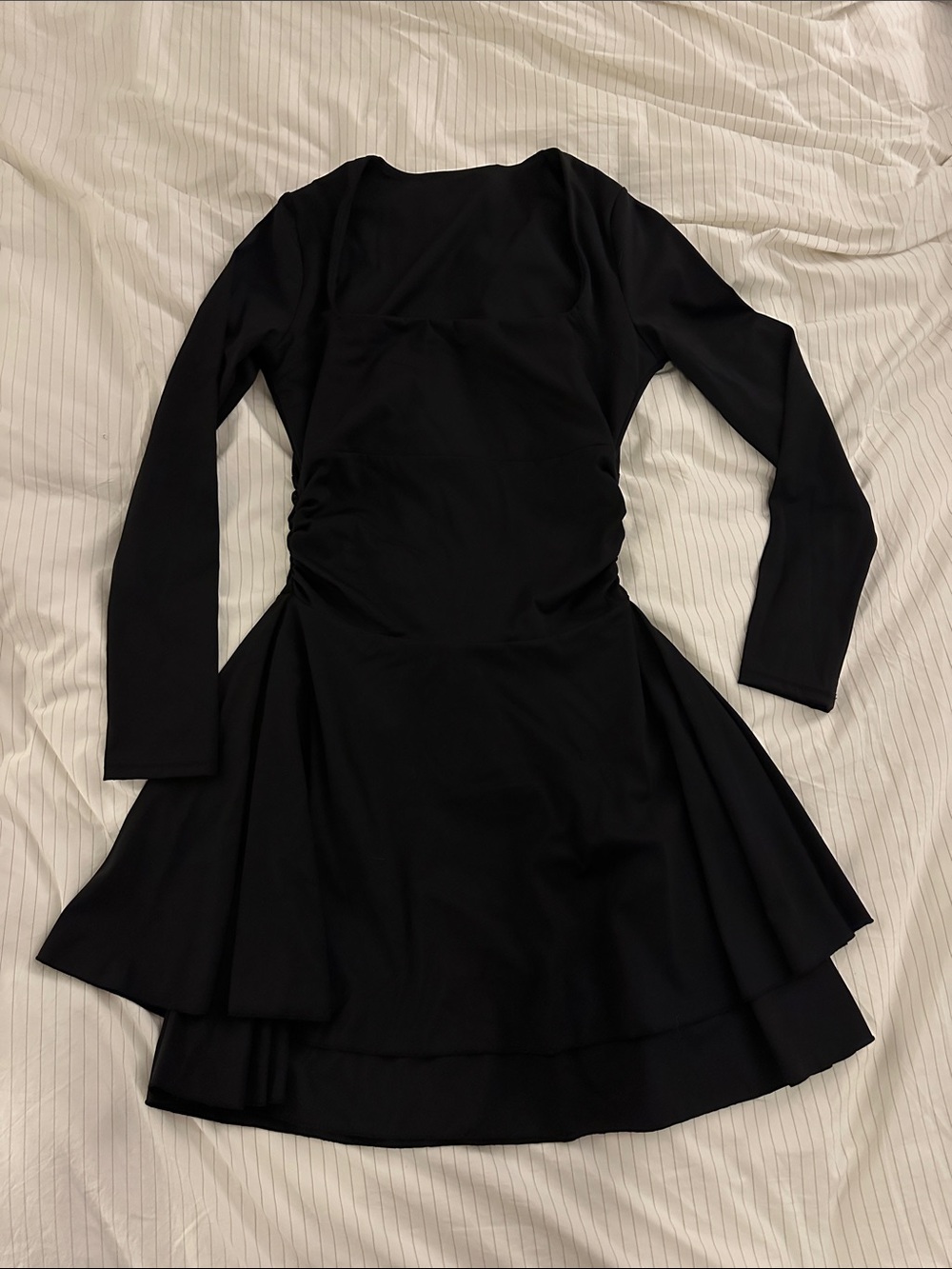 Black Long-Sleeve A-Line Dress with Ruched Waist - Small